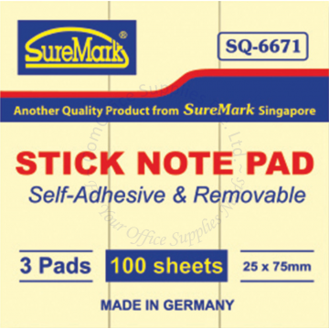 SUREMARK STICK NOTE SQ-6671 25x75MM YELLOW (3s)