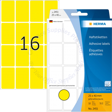HERMA LABEL #2451 25x40MM YELLOW