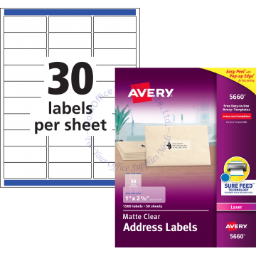 AVERY EASY PEEL CLEAR ADDRESS LABELS 5660 1x2-5/8" (50s)