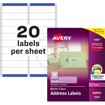 AVERY EASY PEEL CLEAR ADDRESS LABELS 5661 1x4" (50s)