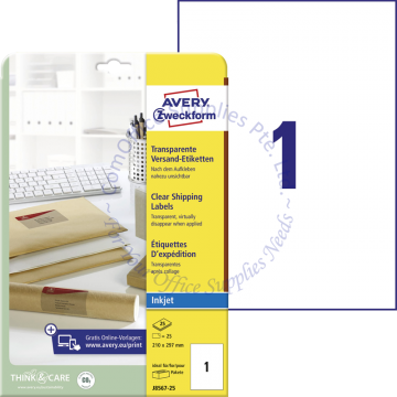 AVERY ZWECKFORM CLEAR SHIPPING LABELS J8567-25 210x297MM