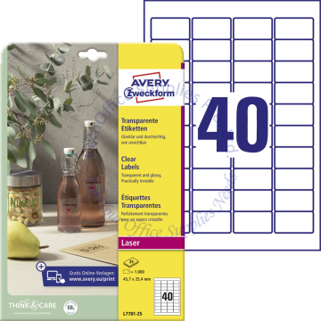AVERY ZWECKFORM CRYSTAL CLEAR LABELS L7781-25 45.7x25.4MM
