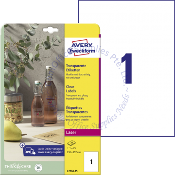 AVERY ZWECKFORM CRYSTAL CLEAR LABELS L7784-25 210x297MM