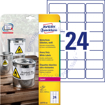 AVERY ZWECKFORM HEAVY DUTY LABELS (POLYESTER) L4773-20 63.5x33.9MM