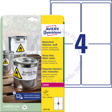 AVERY ZWECKFORM HEAVY DUTY LABELS (POLYESTER) L4774-20 99.1x139MM