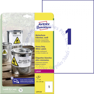AVERY ZWECKFORM HEAVY DUTY LABELS (POLYESTER) L4775-20 210x297MM