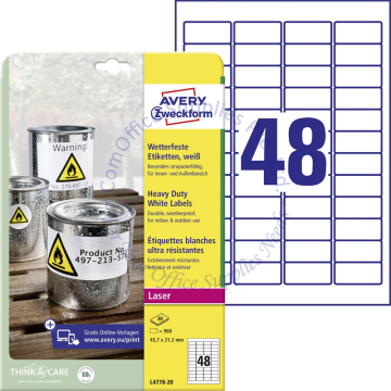 AVERY ZWECKFORM HEAVY DUTY LABELS (POLYESTER) L4778-20 45.7x21.2MM