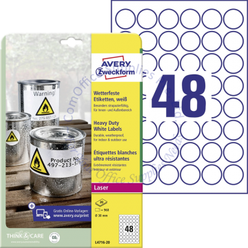 AVERY ZWECKFORM HEAVY DUTY LABELS (POLYESTER) L4716-20 30MM