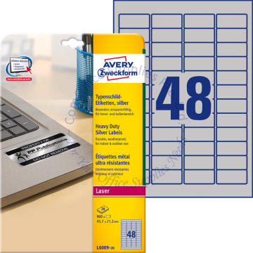 AVERY ZWECKFORM HEAVY DUTY SILVER LABELS (POLYESTER) L6009-20 45.7x21.2MM