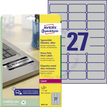 AVERY ZWECKFORM HEAVY DUTY SILVER LABELS (POLYESTER) L6011-20 63.5x29.6MM