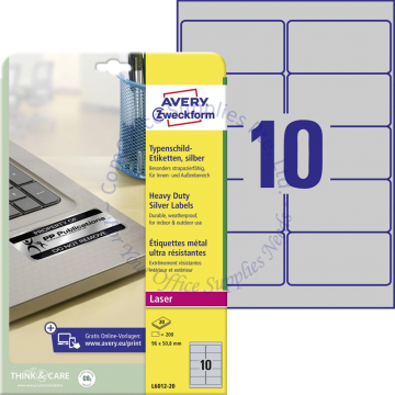 AVERY ZWECKFORM HEAVY DUTY SILVER LABELS (POLYESTER) L6012-20 96x50.8MM
