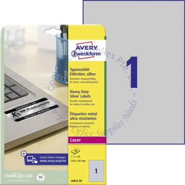 AVERY ZWECKFORM HEAVY DUTY SILVER LABELS (POLYESTER) L6013-20 210x297MM