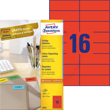 AVERY ZWECKFORM COLOUR ORGANISING LABELS 3452 105x37MM RED