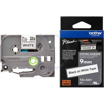BROTHER TAPE 09MM TZE-S221 (STRONG ADHESIVE) BLACK/WHITE