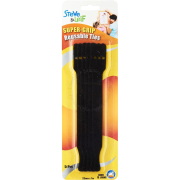 STEVE & LEIF SUPER-GRIP REUSABLE TIES 25MMx1M (5s) BLACK