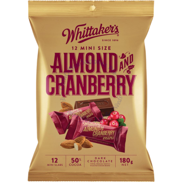 WHITTAKER MINI CHOCOLATE PACK (15Gx12s) - ALMOND & CRANBERRY