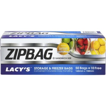 LACY'S STORAGE & FREEZER ZIPBAG - SANDWICH SIZE 165x150MM (60s)