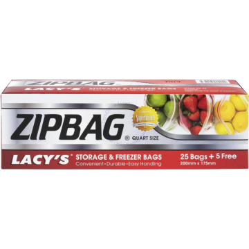 LACY'S STORAGE & FREEZER ZIPBAG - QUART SIZE 200x175MM (30s)